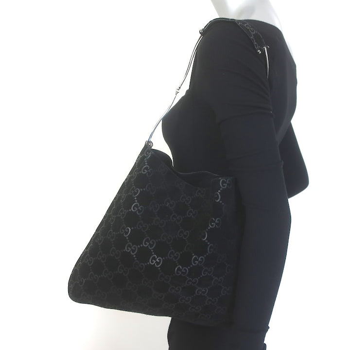 Vintage Gucci Tom Ford GG Monogram Suede Slim Horsebit Hobo Bag Black