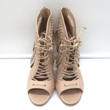 Alaia Lace-Up Cutout Booties Nude Leather Size 38.5 Open Toe Ankle Boots