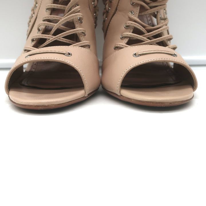 Alaia Lace-Up Cutout Booties Nude Leather Size 38.5 Open Toe Ankle Boots