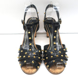 Gucci Jacquelyne Studded T-Strap Cork Sandals Black Patent Leather Size 38.5