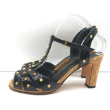 Gucci Jacquelyne Studded T-Strap Cork Sandals Black Patent Leather Size 38.5