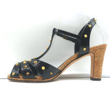 Gucci Jacquelyne Studded T-Strap Cork Sandals Black Patent Leather Size 38.5