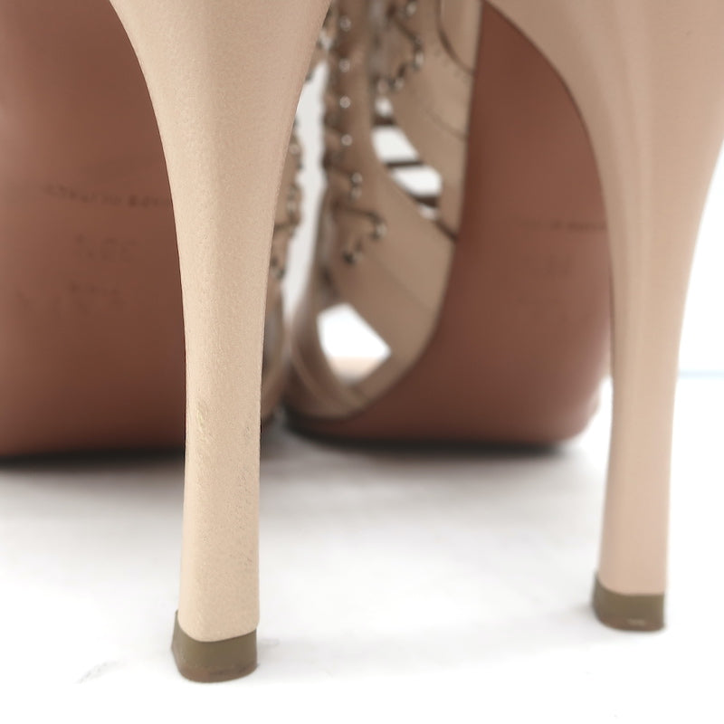 Alaia Lace-Up Cutout Booties Nude Leather Size 38.5 Open Toe Ankle Boots