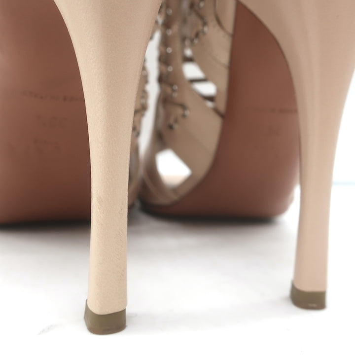 Alaia Lace-Up Cutout Booties Nude Leather Size 38.5 Open Toe Ankle Boots