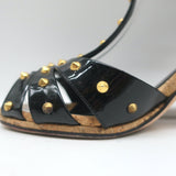 Gucci Jacquelyne Studded T-Strap Cork Sandals Black Patent Leather Size 38.5
