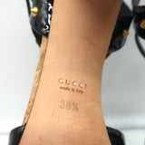 Gucci Jacquelyne Studded T-Strap Cork Sandals Black Patent Leather Size 38.5