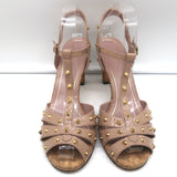 Gucci Jacquelyne Studded T-Strap Cork Sandals Nude Patent Leather Size 39
