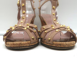 Gucci Jacquelyne Studded T-Strap Cork Sandals Nude Patent Leather Size 39