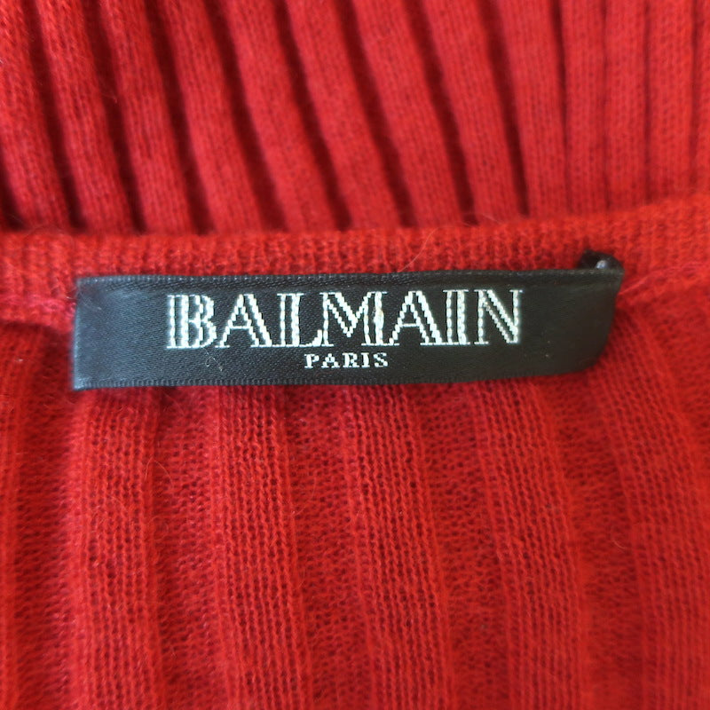 Balmain Button-Embellished Ribbed Knit Sweater Red Alpaca-Blend Size 44