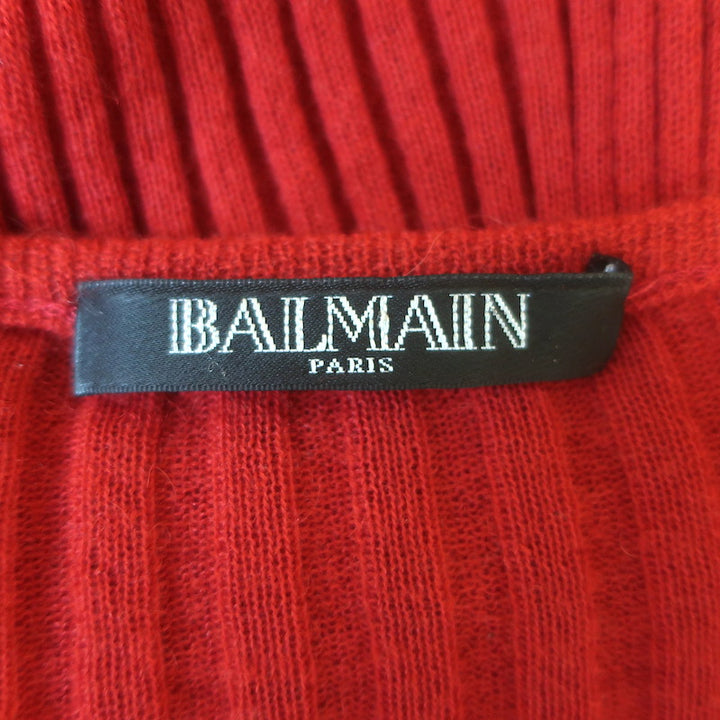 Balmain Button-Embellished Ribbed Knit Sweater Red Alpaca-Blend Size 44