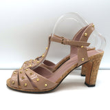 Gucci Jacquelyne Studded T-Strap Cork Sandals Nude Patent Leather Size 39