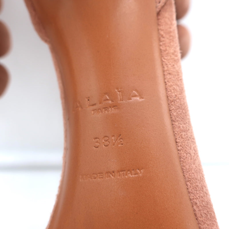 Alaia Bombe Studded Sandals Pink Suede Size 38.5 Ankle Strap Heels