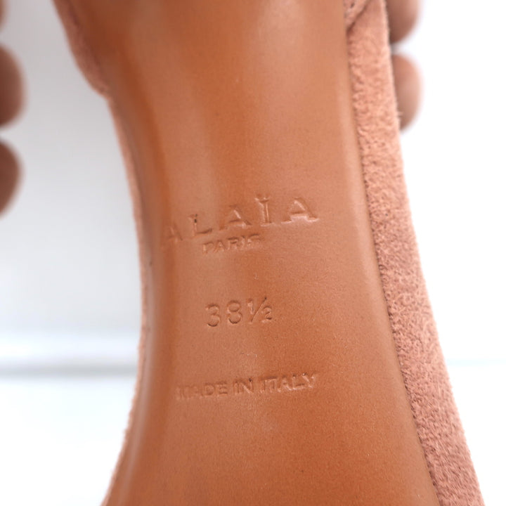Alaia Bombe Studded Sandals Pink Suede Size 38.5 Ankle Strap Heels