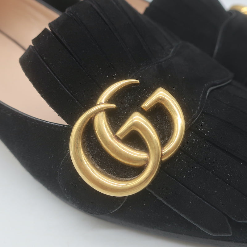 Gucci GG Marmont Fringed Loafers Black Suede Size 37