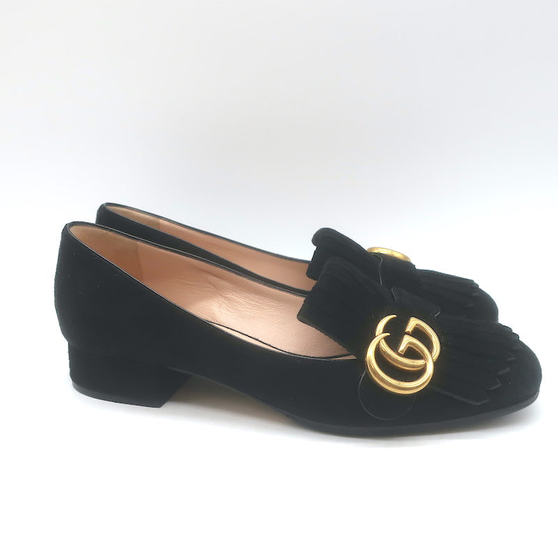 Gucci GG Marmont Fringed Loafers Black Suede Size 37
