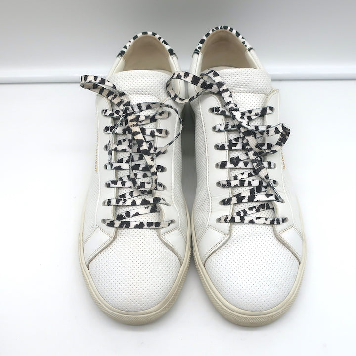 Saint Laurent Andy Leopard Low Top Sneakers White Perforated Leather Size 39