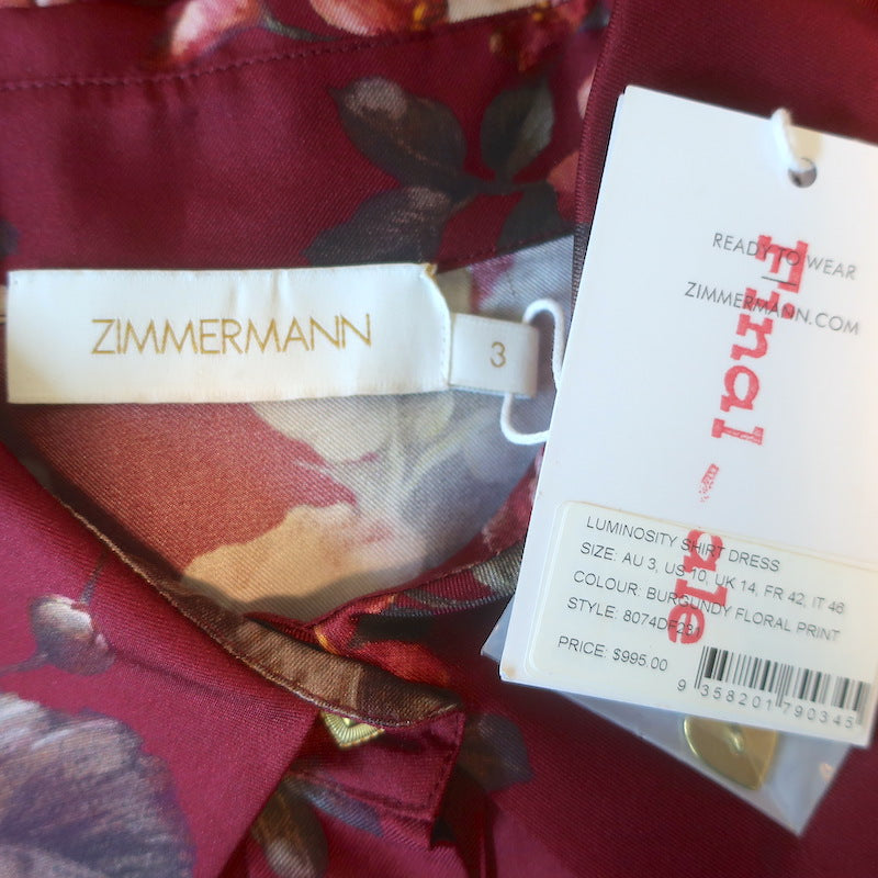 Zimmermann Luminosity Belted Shirt Dress Burgundy Floral Print Silk Size 3 NEW