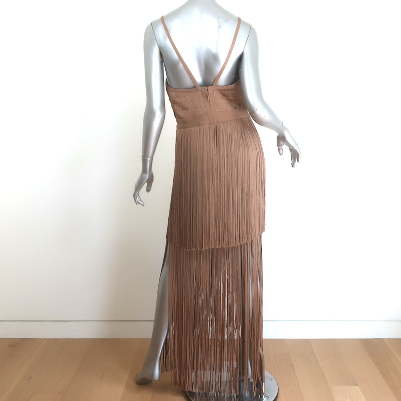 Herve Leger Tiered Fringed Bandage Gown Toffee Size Medium
