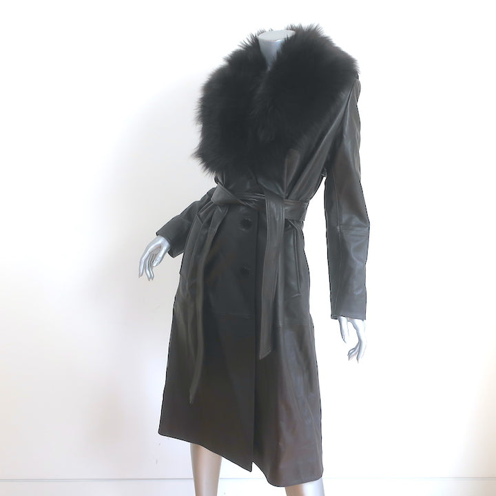 Nour Hammour Uptown Girl Shearling Collar Leather Trench Coat Dark Brown Size 38