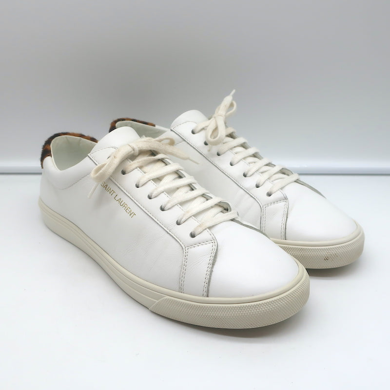 Saint Laurent Andy Low Top Sneakers White Leather & Leopard Calf Hair Size 39