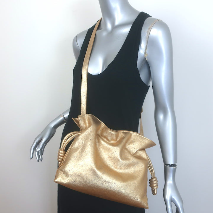 Loewe Flamenco Medium Clutch Distressed Gold Leather Crossbody Bag NEW