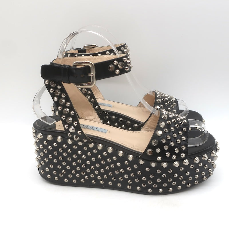 Prada Studded Ankle Strap Platform Wedge Sandals Black Patent Leather Size 36