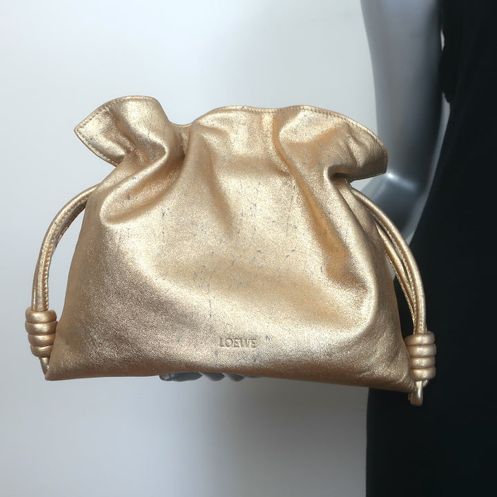 Loewe Flamenco Medium Clutch Distressed Gold Leather Crossbody Bag NEW