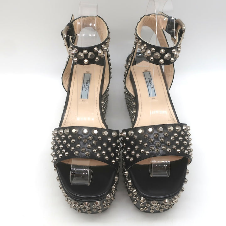 Prada Studded Ankle Strap Platform Wedge Sandals Black Patent Leather Size 36