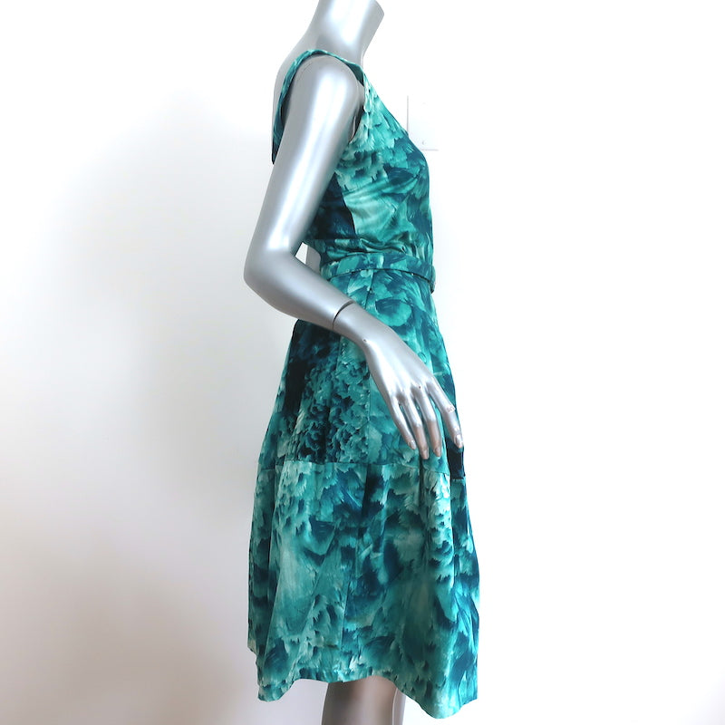 Samantha Sung Fit &amp; Flare Dress Aqua Feather Print Stretch Cotton Size 6