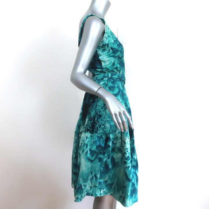 Samantha Sung Fit &amp; Flare Dress Aqua Feather Print Stretch Cotton Size 6