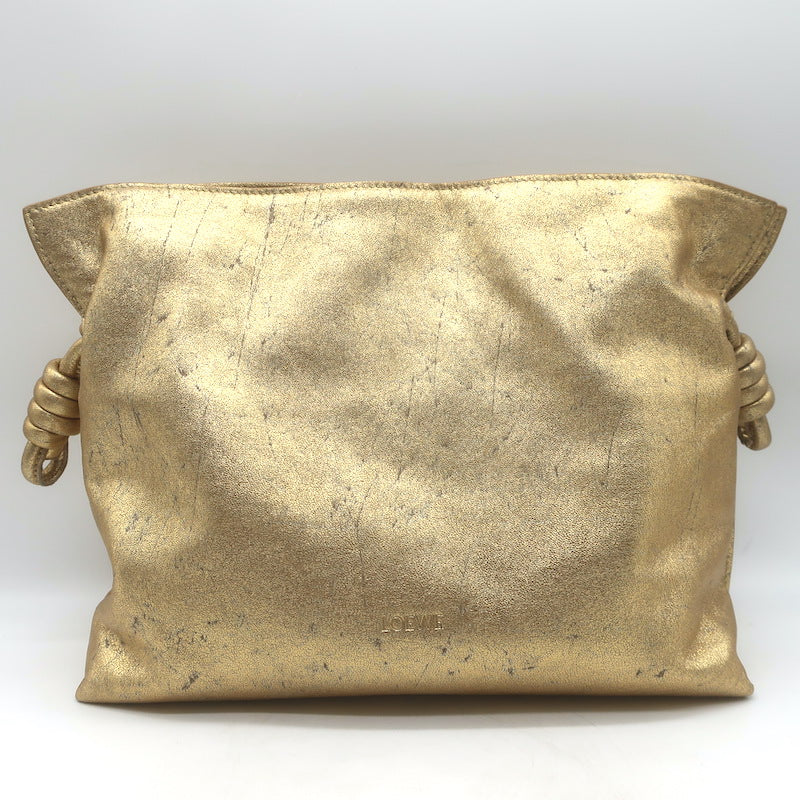 Loewe Flamenco Medium Clutch Distressed Gold Leather Crossbody Bag NEW