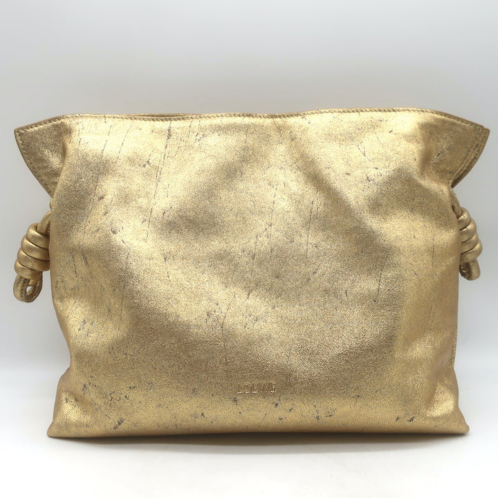 Loewe Flamenco Medium Clutch Distressed Gold Leather Crossbody Bag NEW
