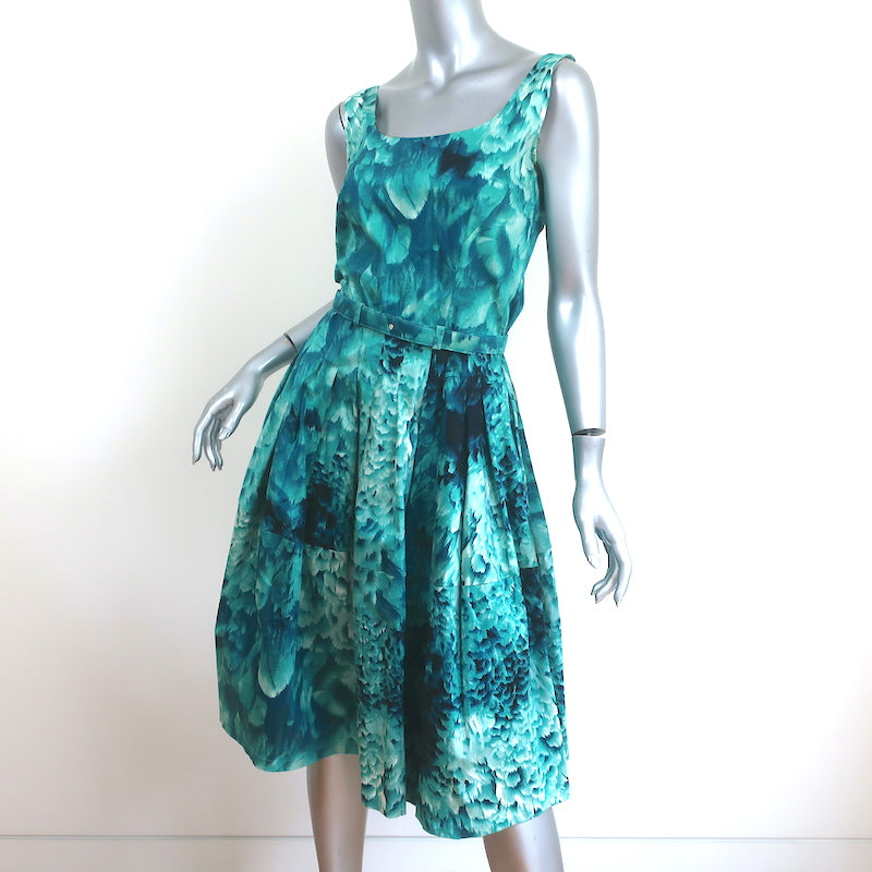 Samantha Sung Fit &amp; Flare Dress Aqua Feather Print Stretch Cotton Size 6