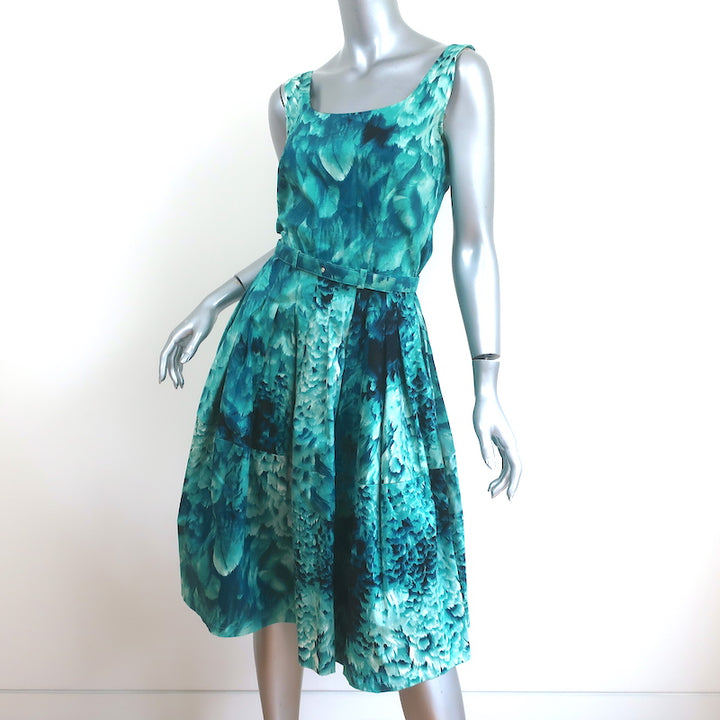 Samantha Sung Fit &amp; Flare Dress Aqua Feather Print Stretch Cotton Size 6