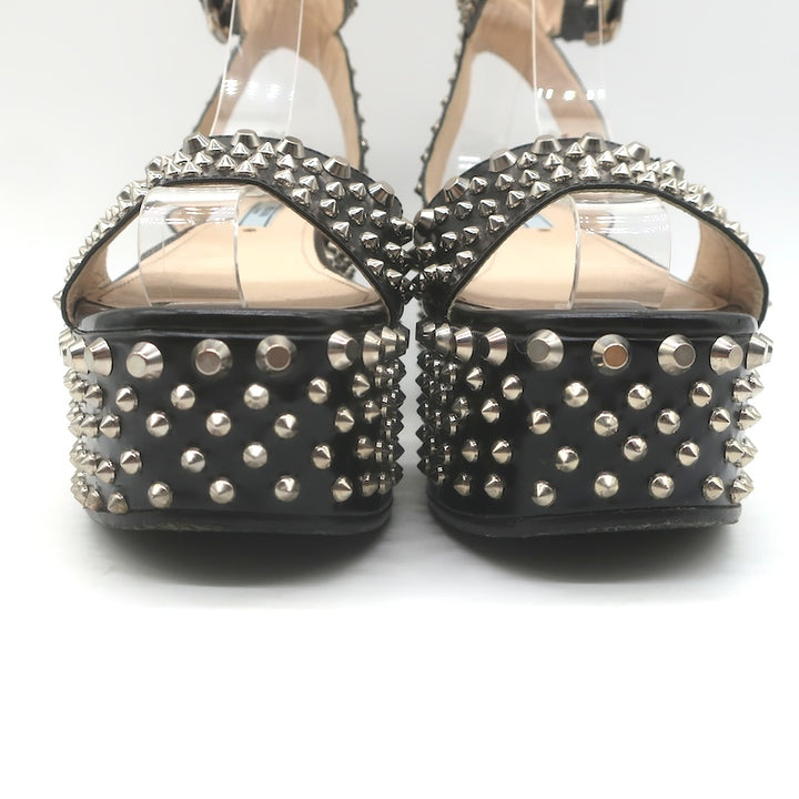 Prada Studded Ankle Strap Platform Wedge Sandals Black Patent Leather Size 36