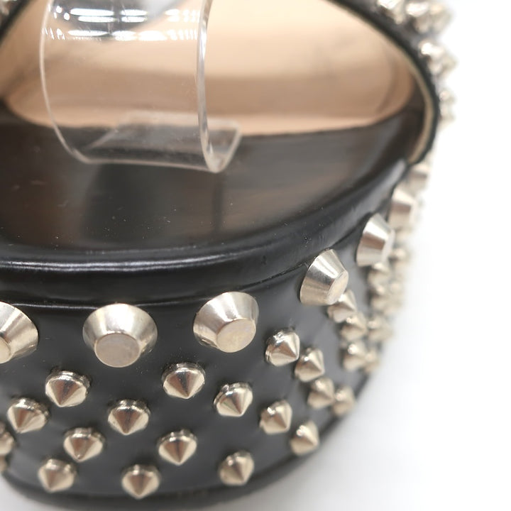 Prada Studded Ankle Strap Platform Wedge Sandals Black Patent Leather Size 36