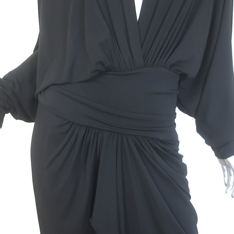 Alexandre Vauthier Long Sleeve Ruched Midi Dress Black Stretch Jersey Size 44