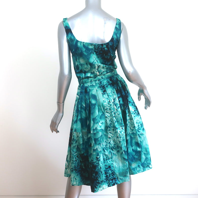 Samantha Sung Fit &amp; Flare Dress Aqua Feather Print Stretch Cotton Size 6