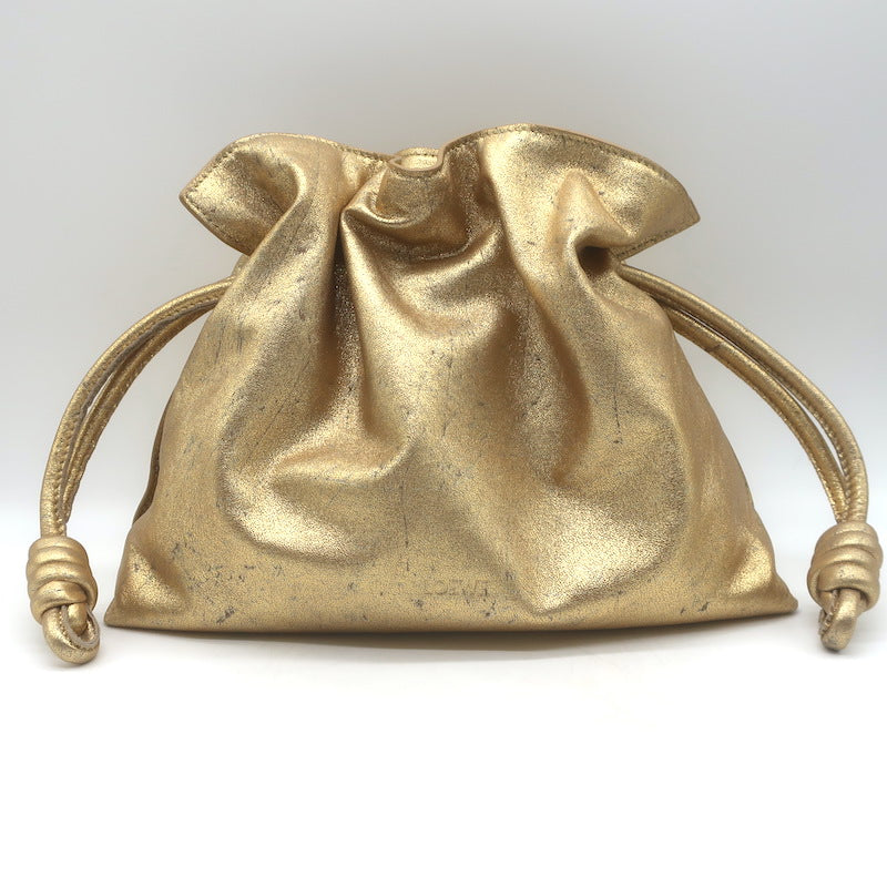 Loewe Flamenco Medium Clutch Distressed Gold Leather Crossbody Bag NEW