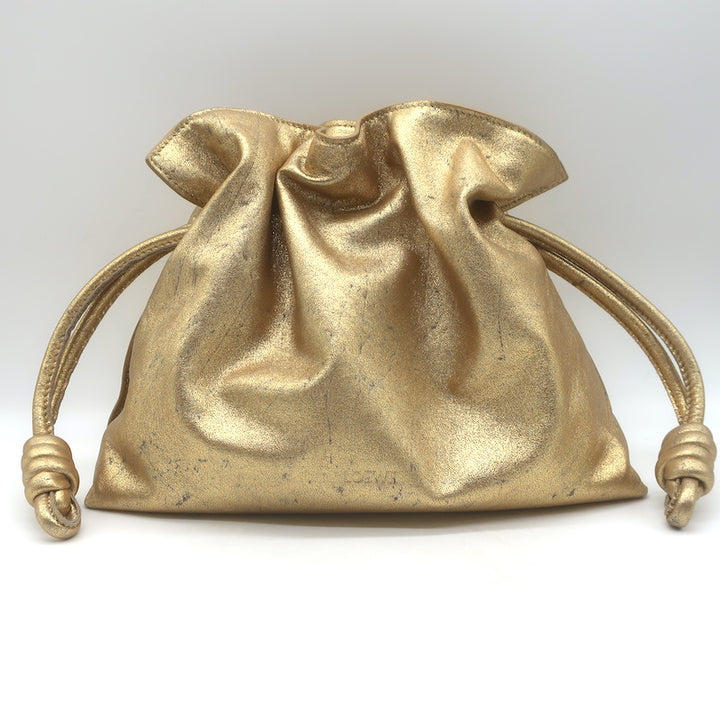 Loewe Flamenco Medium Clutch Distressed Gold Leather Crossbody Bag NEW
