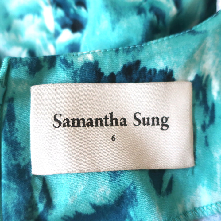 Samantha Sung Fit &amp; Flare Dress Aqua Feather Print Stretch Cotton Size 6