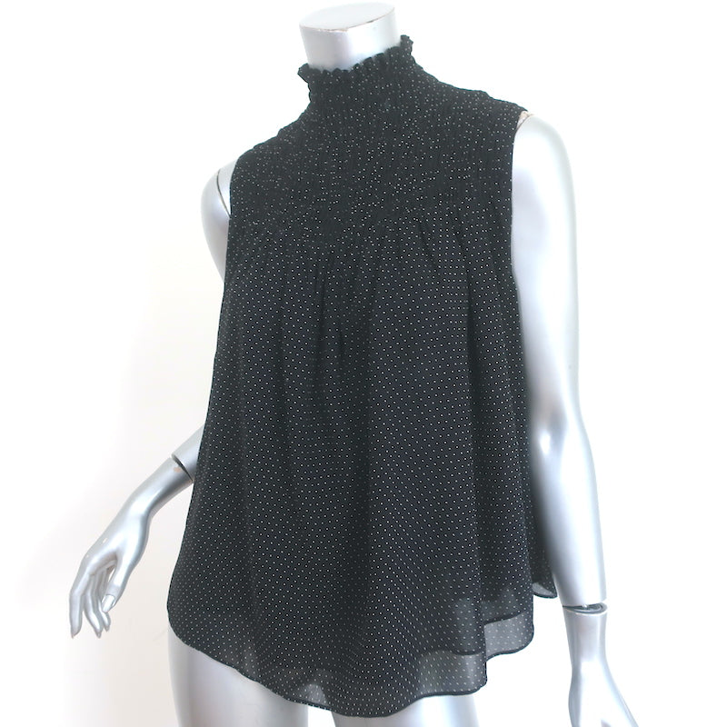 FRAME Smocked Sleeveless Blouse Black &amp; White Polka Dot Silk Size Small
