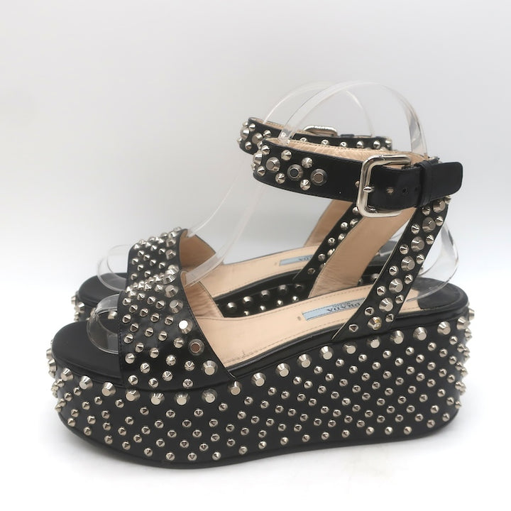 Prada Studded Ankle Strap Platform Wedge Sandals Black Patent Leather Size 36