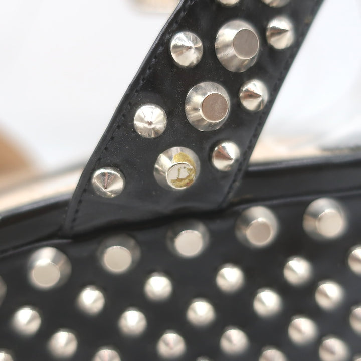 Prada Studded Ankle Strap Platform Wedge Sandals Black Patent Leather Size 36