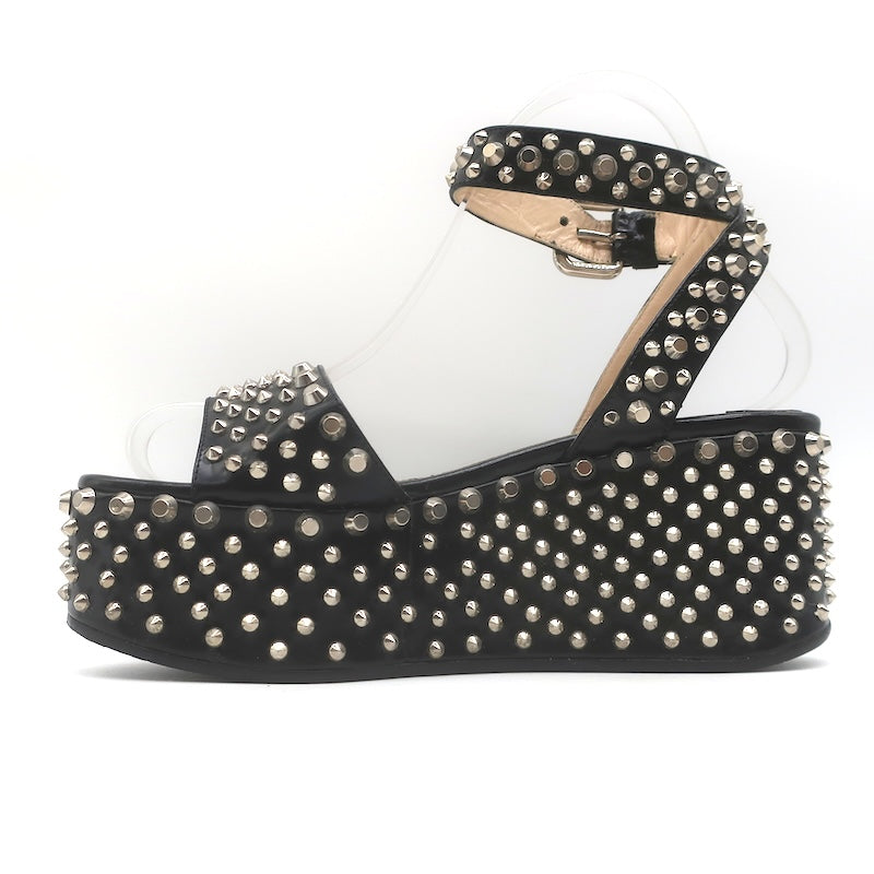 Prada Studded Ankle Strap Platform Wedge Sandals Black Patent Leather Size 36