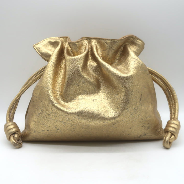 Loewe Flamenco Medium Clutch Distressed Gold Leather Crossbody Bag NEW