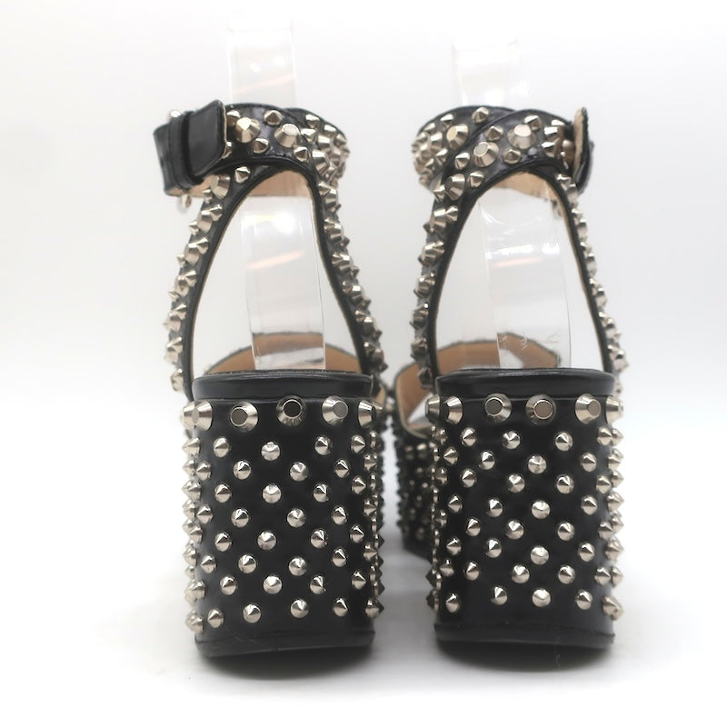 Prada Studded Ankle Strap Platform Wedge Sandals Black Patent Leather Size 36