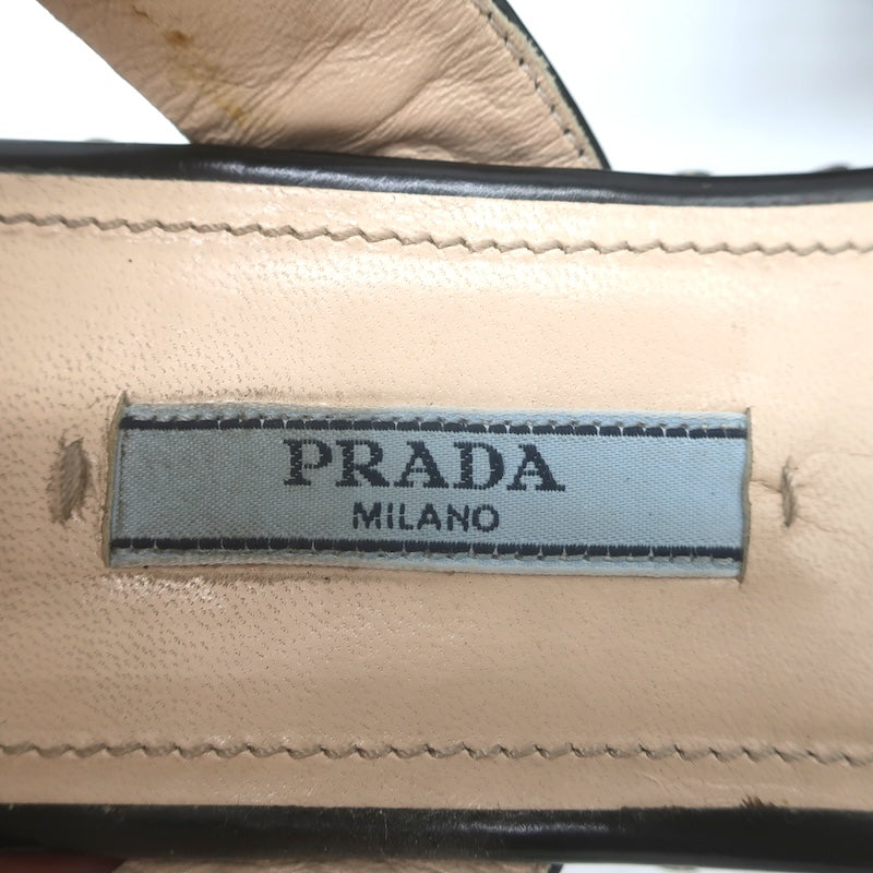 Prada Studded Ankle Strap Platform Wedge Sandals Black Patent Leather Size 36
