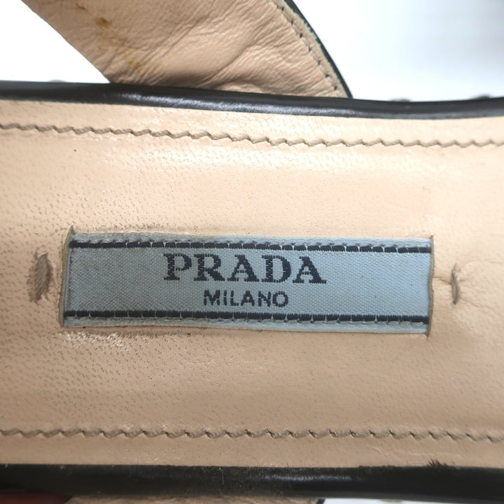 Prada Studded Ankle Strap Platform Wedge Sandals Black Patent Leather Size 36
