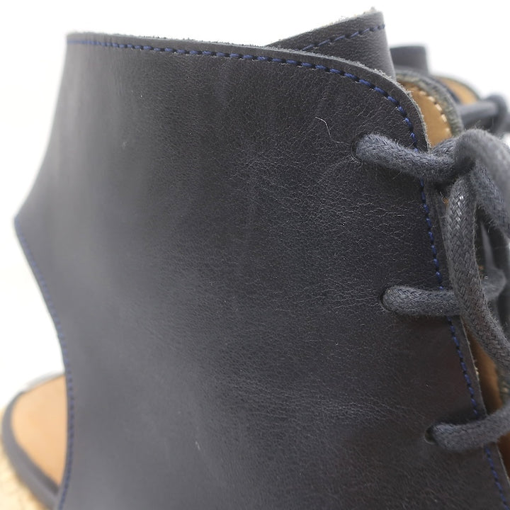 A.P.C. Lace-Up Open Toe Espadrille Wedge Booties Navy Leather Size 37 US 5.5